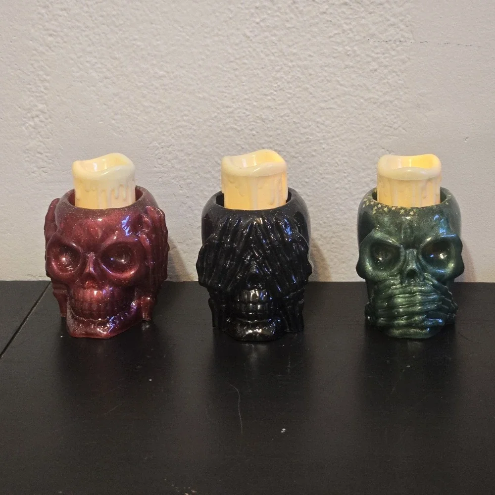 Handmade Resin Skull Candle Holder Vase‎ Set Of 3 Black Green Red Goth Garden